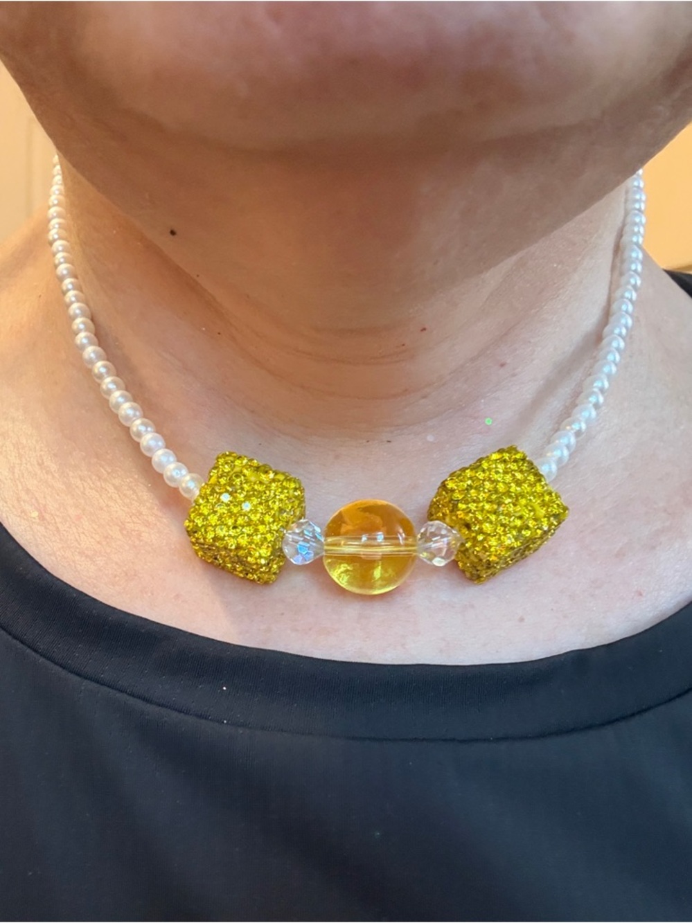 Hand-Crafted Pearl Choker Necklace with Yellow Crystal Accent